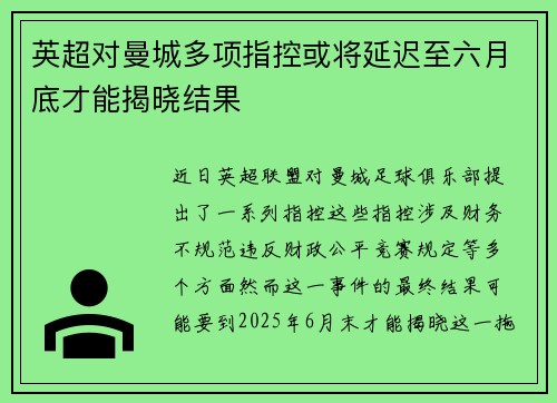 英超对曼城多项指控或将延迟至六月底才能揭晓结果 英超对曼城多项指控或将延迟至六月底才能揭晓结果